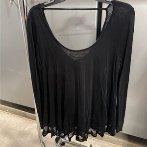 Chic Black Lace Trim Women's Long Sleeve Top